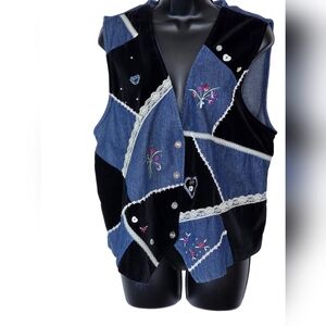 Napa Valley Denim Vest – Velvet & Pearl Embellished – Women’s Size L